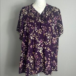 Lands' End Purple Floral Pulllover Pintuck Blouse w Tie Plus Size 18W